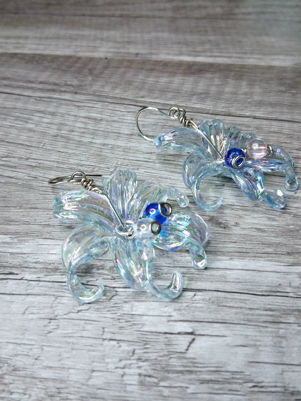 Iridescent Light Blue Lily Flower Glass Earrings with Blue Accent